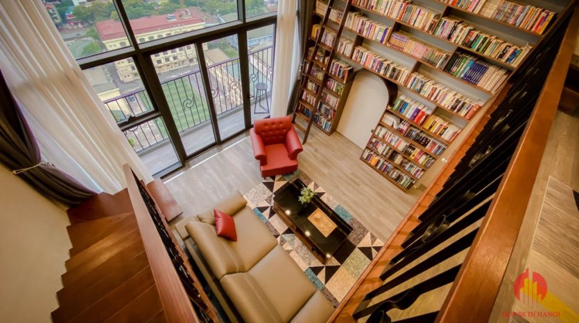 Parisian loft apartment with huge bookshelf for lease in Tay Ho 4